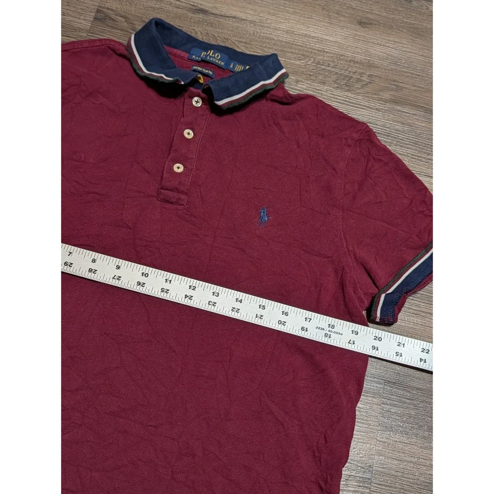 Polo Ralph Lauren Custom Slim Fit Polo Shirt Mens Large Burgundy Red Navy Trim
